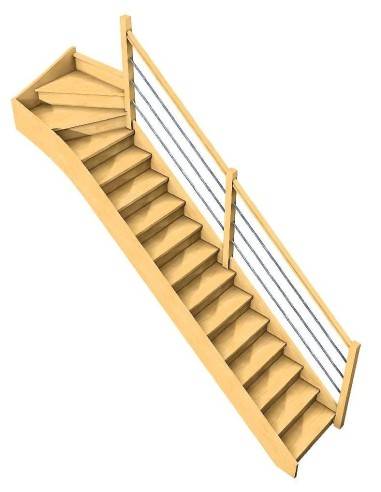 Escalier Bavat hêtre + rampes poteaux bois + lisses métal